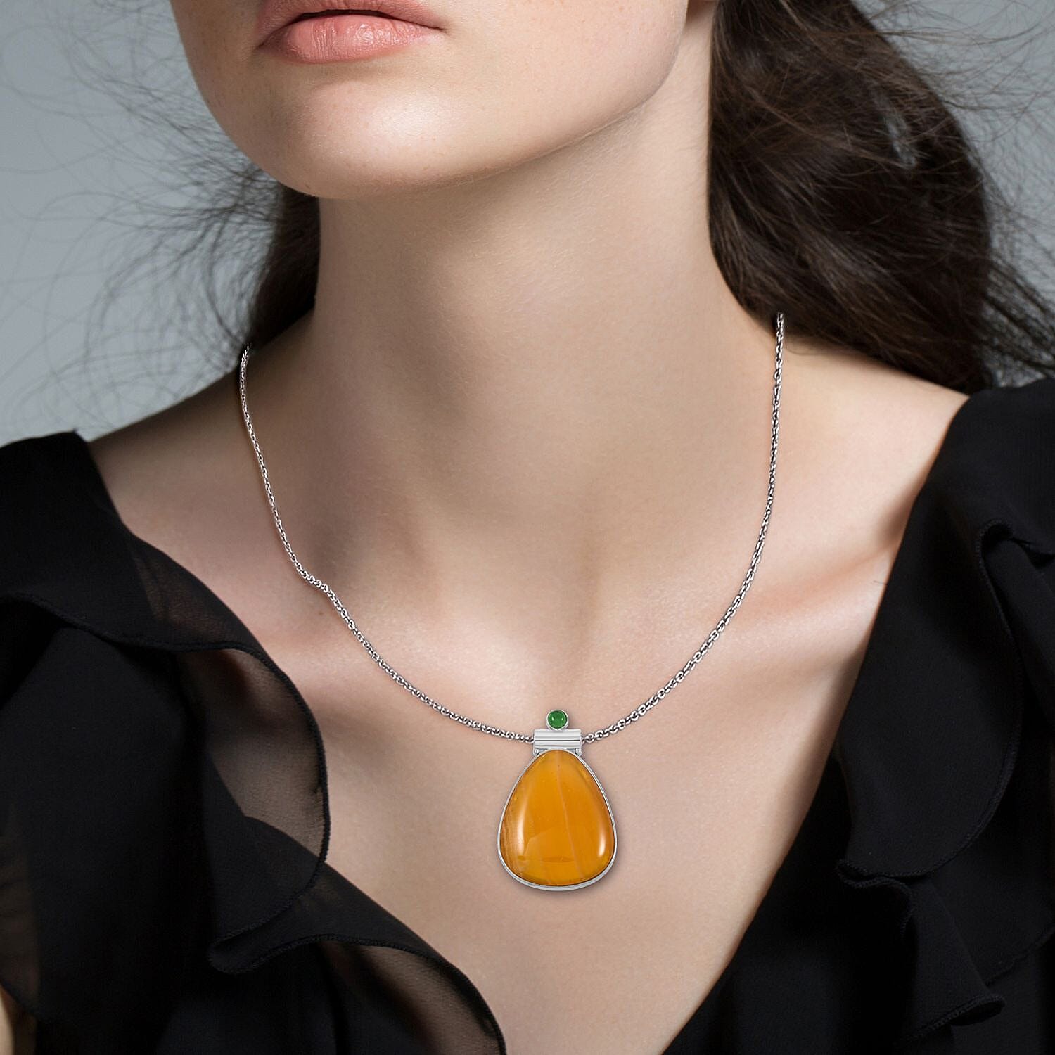 Center Stone Color Varies Inlay Frame Freeform Golden Imperial Calcite 61.00 ctw Pendant in Silvertone with Stainless Steel Necklace (20 Inches)