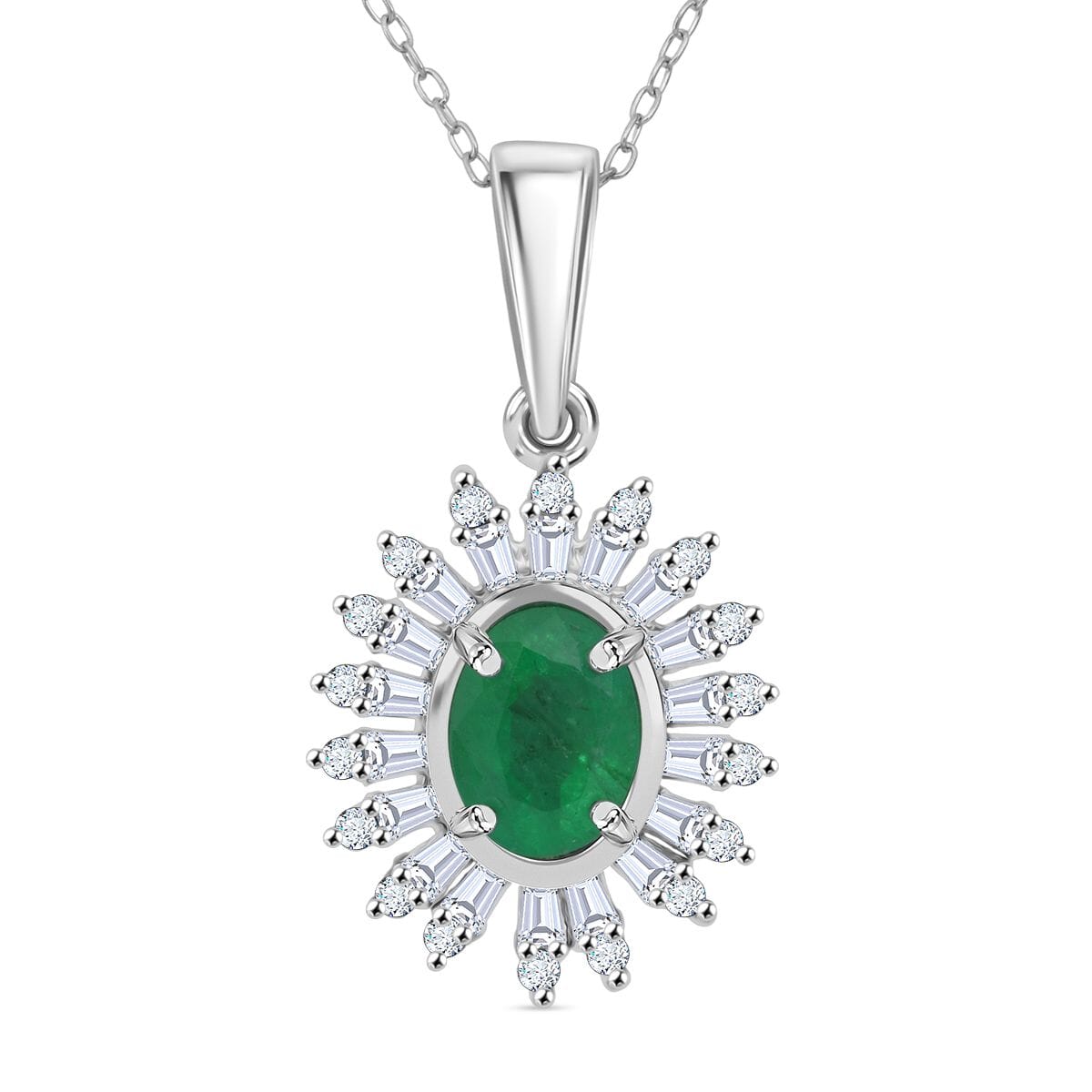 Premium Kagem Zambian Emerald and Moissanite 1.65 ctw Eternal Light Pendant Necklace in Rhodium Over Sterling Silver 20 Inches image number 0
