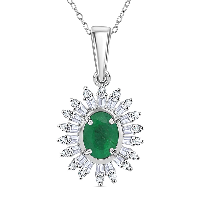 Premium Kagem Zambian Emerald and Moissanite 1.65 ctw Eternal Light Pendant Necklace in Rhodium Over Sterling Silver 20 Inches