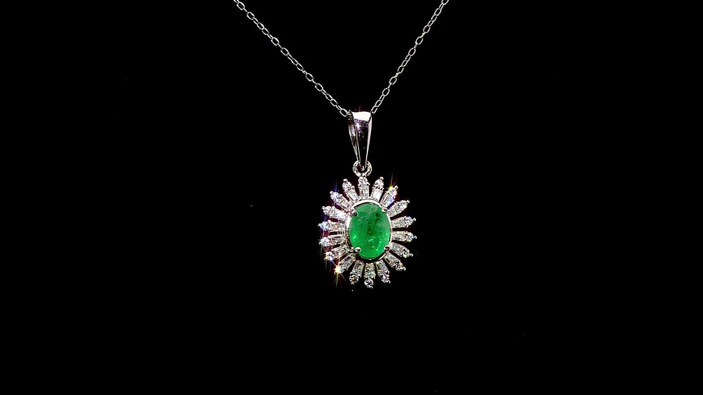 Premium Kagem Zambian Emerald and Moissanite 1.65 ctw Eternal Light Pendant Necklace in Rhodium Over Sterling Silver 20 Inches