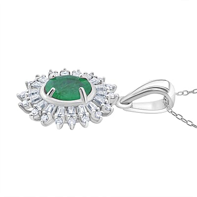 Premium Kagem Zambian Emerald and Moissanite 1.65 ctw Eternal Light Pendant Necklace in Rhodium Over Sterling Silver 20 Inches