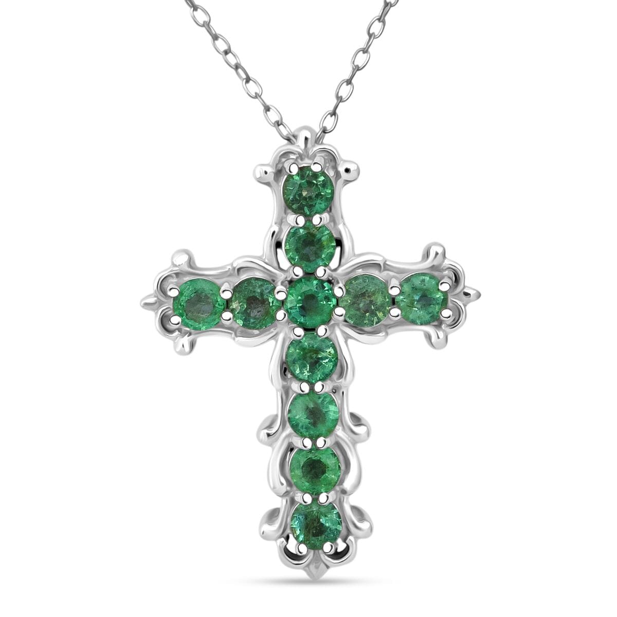 Premium Kagem Zambian Emerald 1.25 ctw Vintage Cross Pendant Necklace in Rhodium Over Sterling Silver 20 Inches image number 0