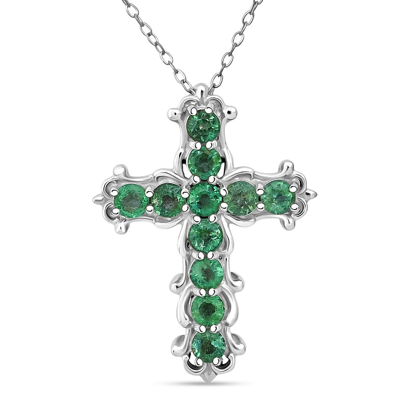 Premium Kagem Zambian Emerald 1.25 ctw Vintage Cross Pendant Necklace in Rhodium Over Sterling Silver 20 Inches