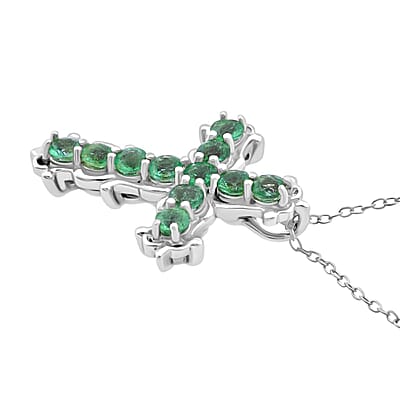 Premium Kagem Zambian Emerald 1.25 ctw Vintage Cross Pendant Necklace in Rhodium Over Sterling Silver 20 Inches