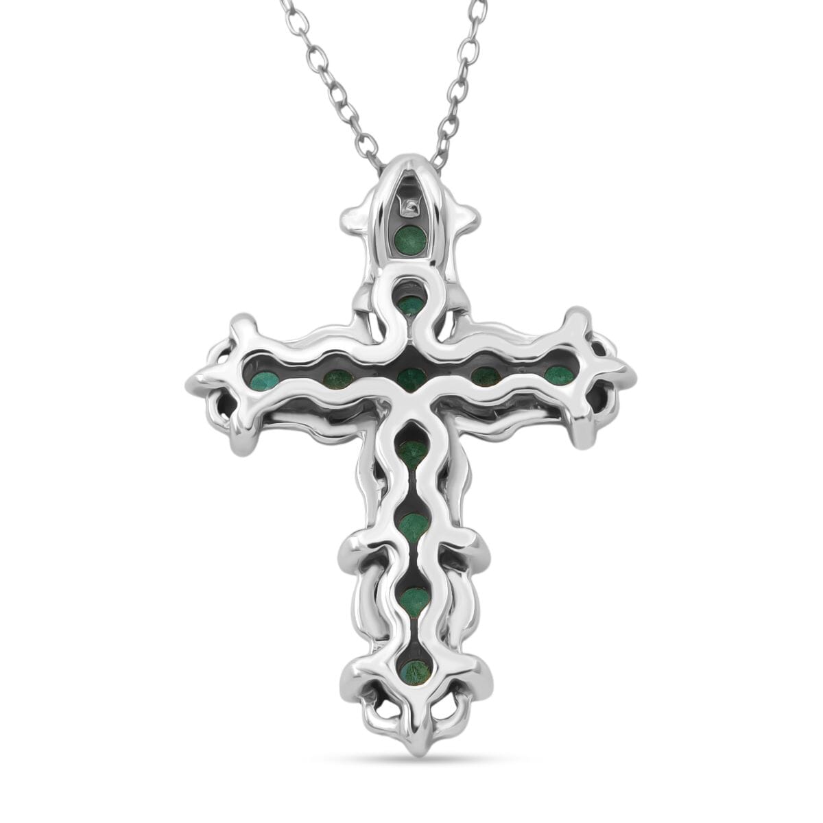 Premium Kagem Zambian Emerald 1.25 ctw Vintage Cross Pendant Necklace in Rhodium Over Sterling Silver 20 Inches image number 3
