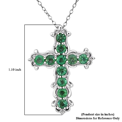 Premium Kagem Zambian Emerald 1.25 ctw Vintage Cross Pendant Necklace in Rhodium Over Sterling Silver 20 Inches