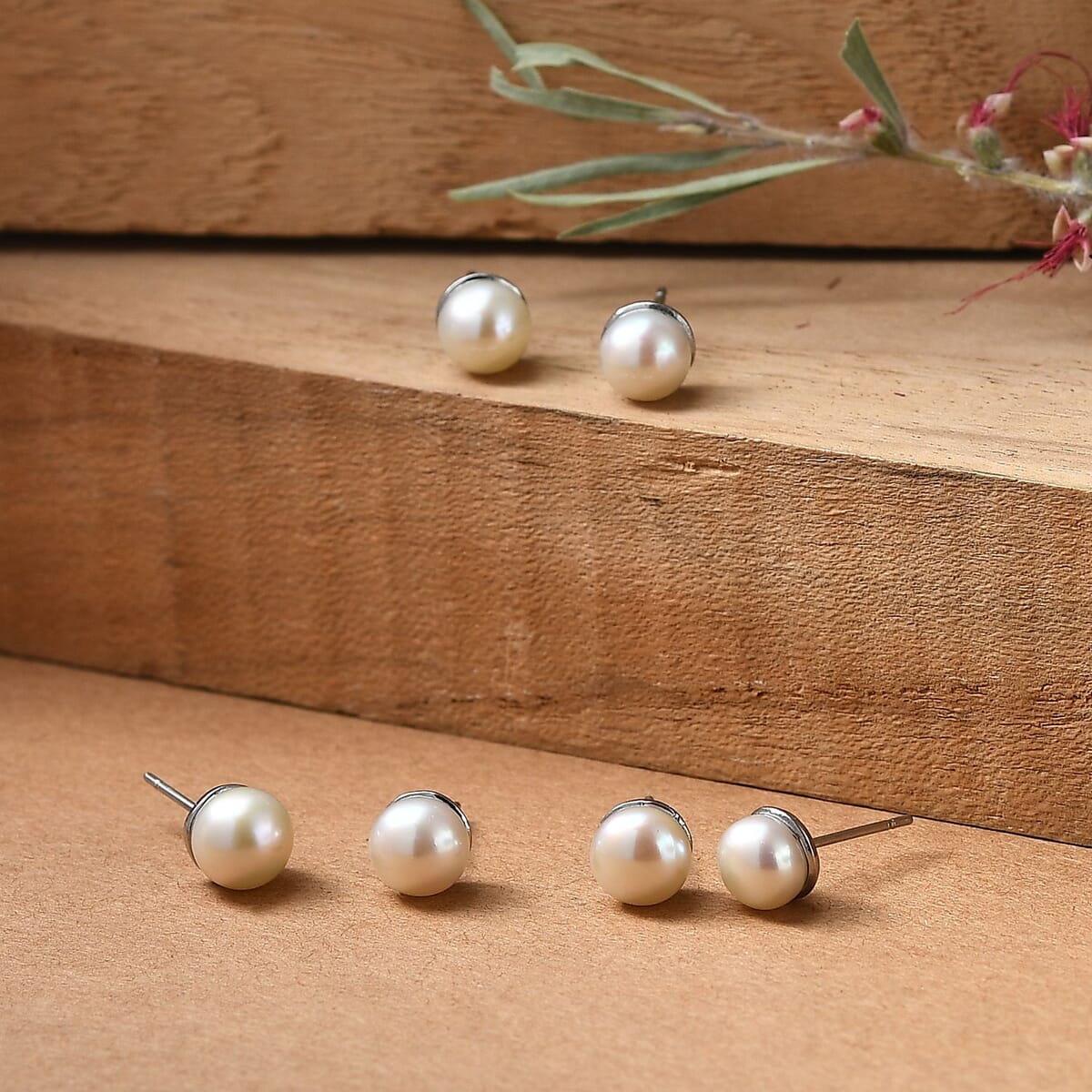 Ever True Set of 3 Freshwater Pearl Solitaire Stud Earrings in Stainless Steel image number 1