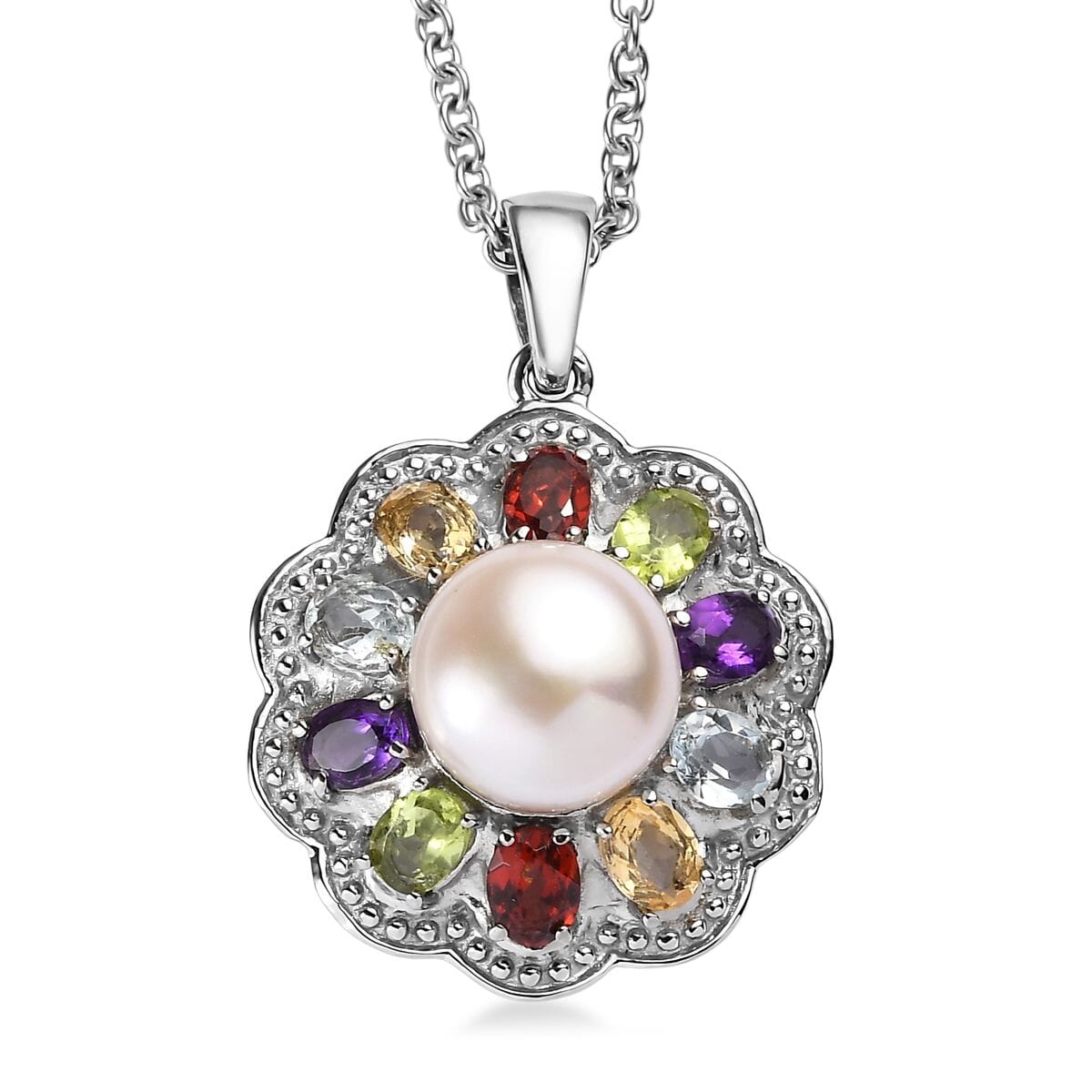 Ever True Lavender Pearl and Multi Gemstone 1.80 ctw Celestial Garden Pendant Necklace 20 Inches in Stainless Steel image number 0