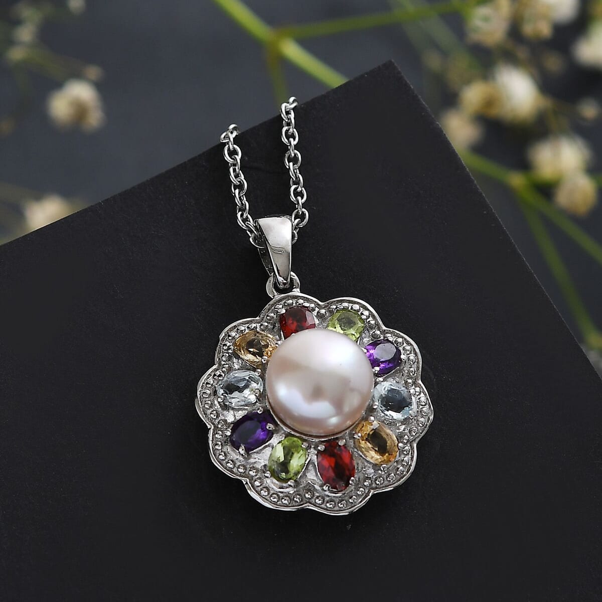 Ever True Lavender Pearl and Multi Gemstone 1.80 ctw Celestial Garden Pendant Necklace 20 Inches in Stainless Steel image number 1