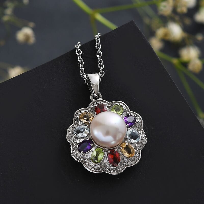 EverTrue Lavender Pearl and Multi Gemstone 1.80 ctw Celestial Garden Pendant Necklace 20 Inches in Stainless Steel