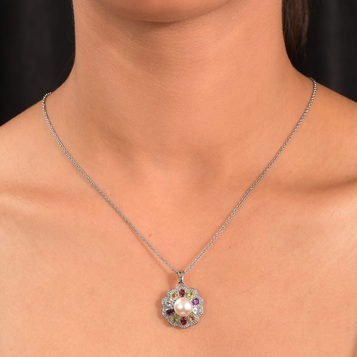 Ever True Lavender Pearl and Multi Gemstone 1.80 ctw Celestial Garden Pendant Necklace 20 Inches in Stainless Steel image number 2