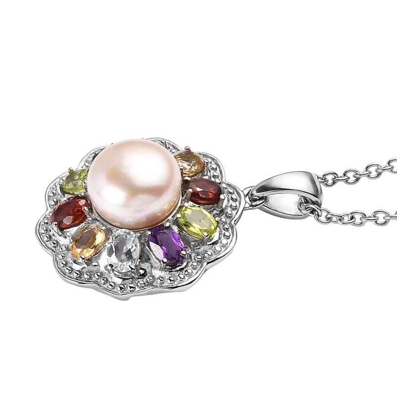 EverTrue Lavender Pearl and Multi Gemstone 1.80 ctw Celestial Garden Pendant Necklace 20 Inches in Stainless Steel