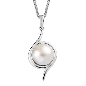 Ever True White Freshwater Pearl Swirl Solitaire Pendant Necklace 20 Inches in Stainless Steel
