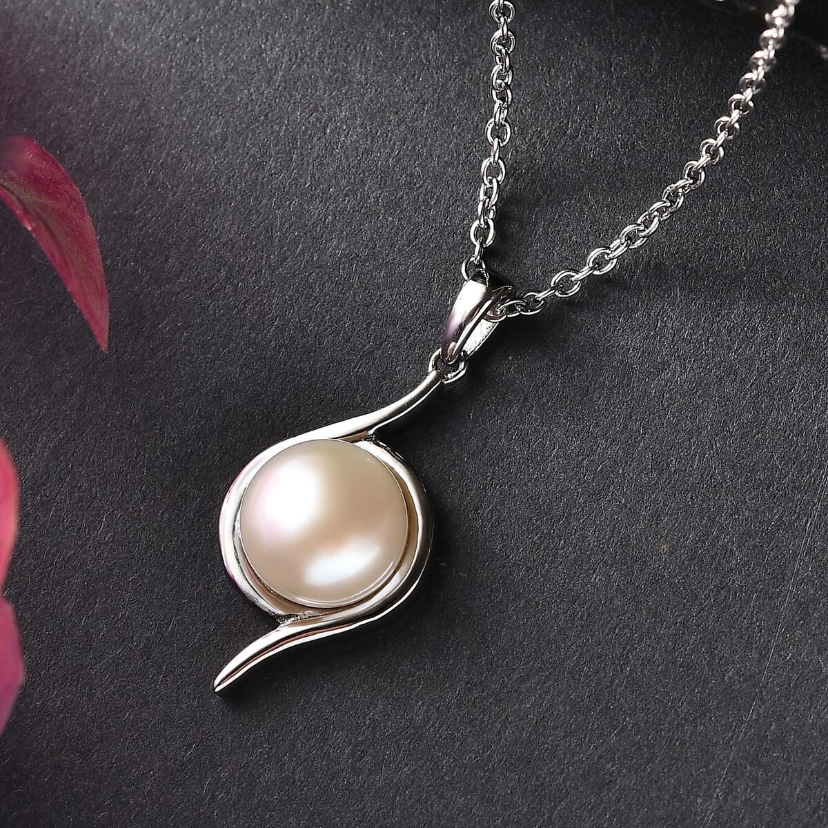 Ever True White Freshwater Pearl Swirl Solitaire Pendant Necklace 20 Inches in Stainless Steel image number 1