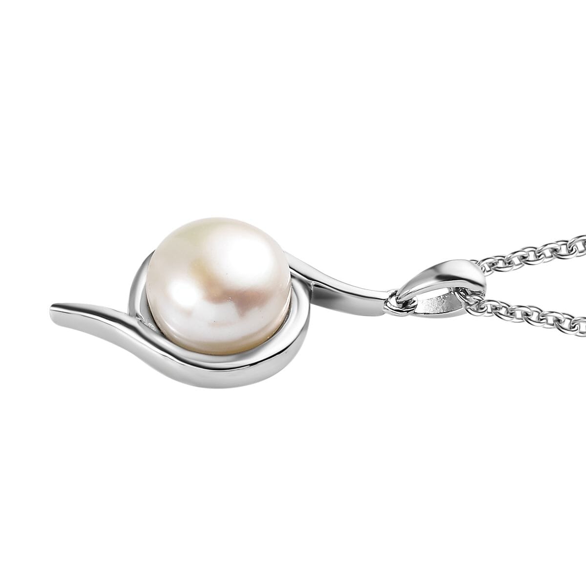 Ever True White Freshwater Pearl Swirl Solitaire Pendant Necklace 20 Inches in Stainless Steel image number 3