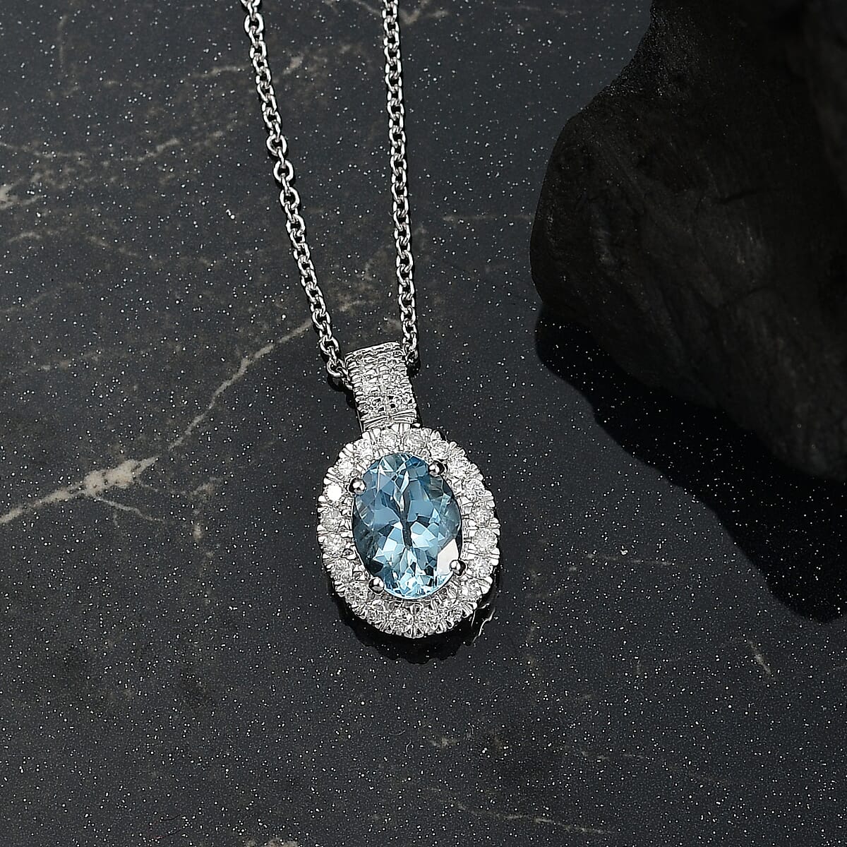 Certified & Appraised Luxoro AAA Santa Maria Aquamarine and G-H I2 Diamond 1.28 ctw Pendant Necklace in 14K White Gold 20 Inches image number 1