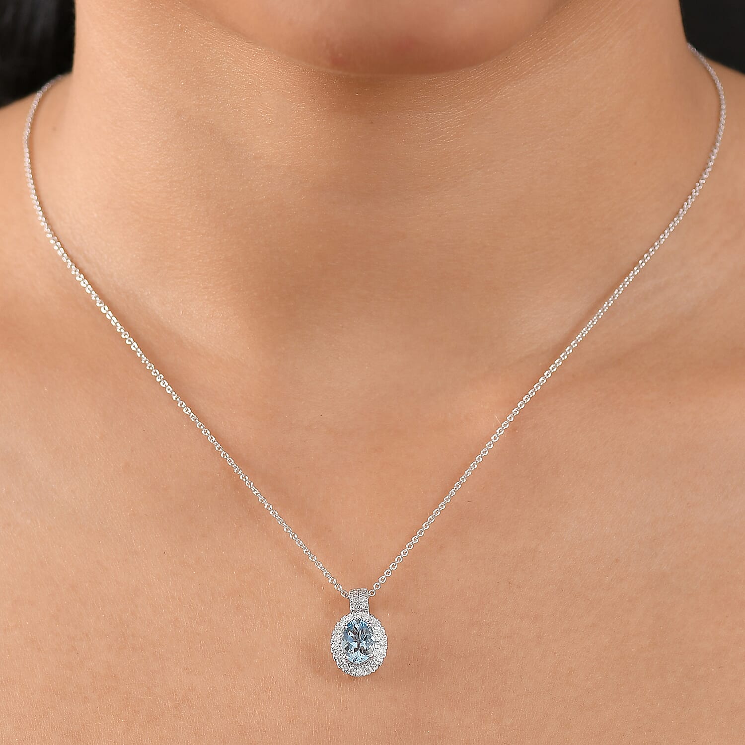Certified & Appraised Luxoro AAA Santa Maria Aquamarine and G-H I2 Diamond 1.28 ctw Pendant Necklace in 14K White Gold 20 Inches