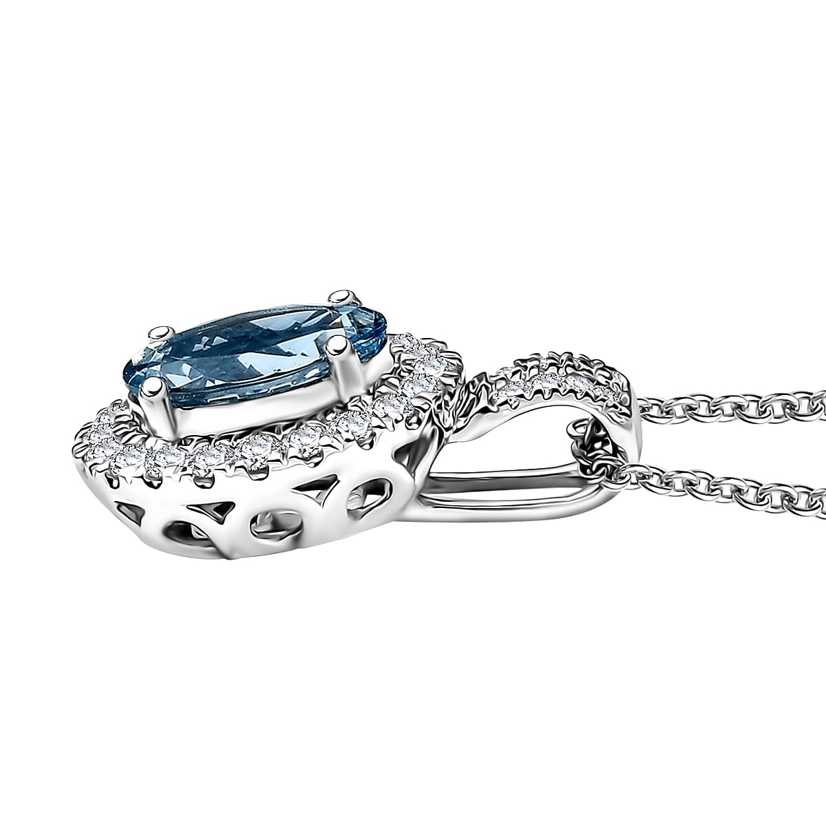 Certified & Appraised Luxoro AAA Santa Maria Aquamarine and G-H I2 Diamond 1.28 ctw Pendant Necklace in 14K White Gold 20 Inches image number 3