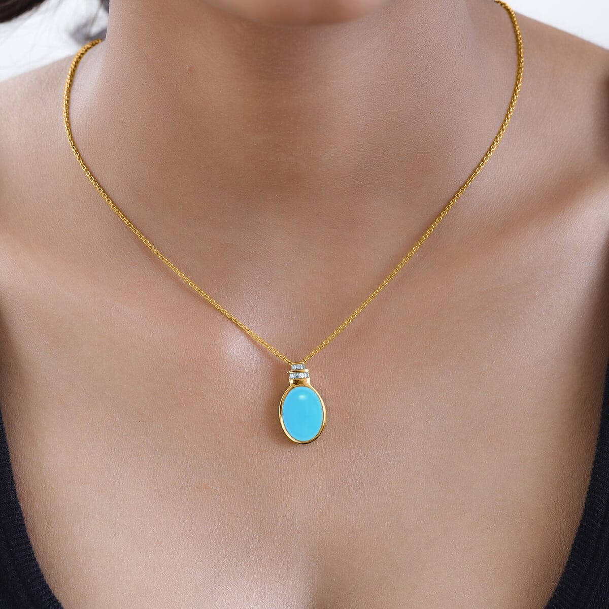 Luxoro Premium Sleeping Beauty Turquoise and G-H I3 Diamond Pendant Necklace 20 Inches in 10K Yellow Gold 8.31 ctw image number 1