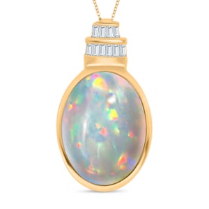 Luxoro Premium Ethiopian Welo Opal and G-H I3 Diamond Pendant Necklace 20 Inches in 10K Yellow Gold 5.60 ctw