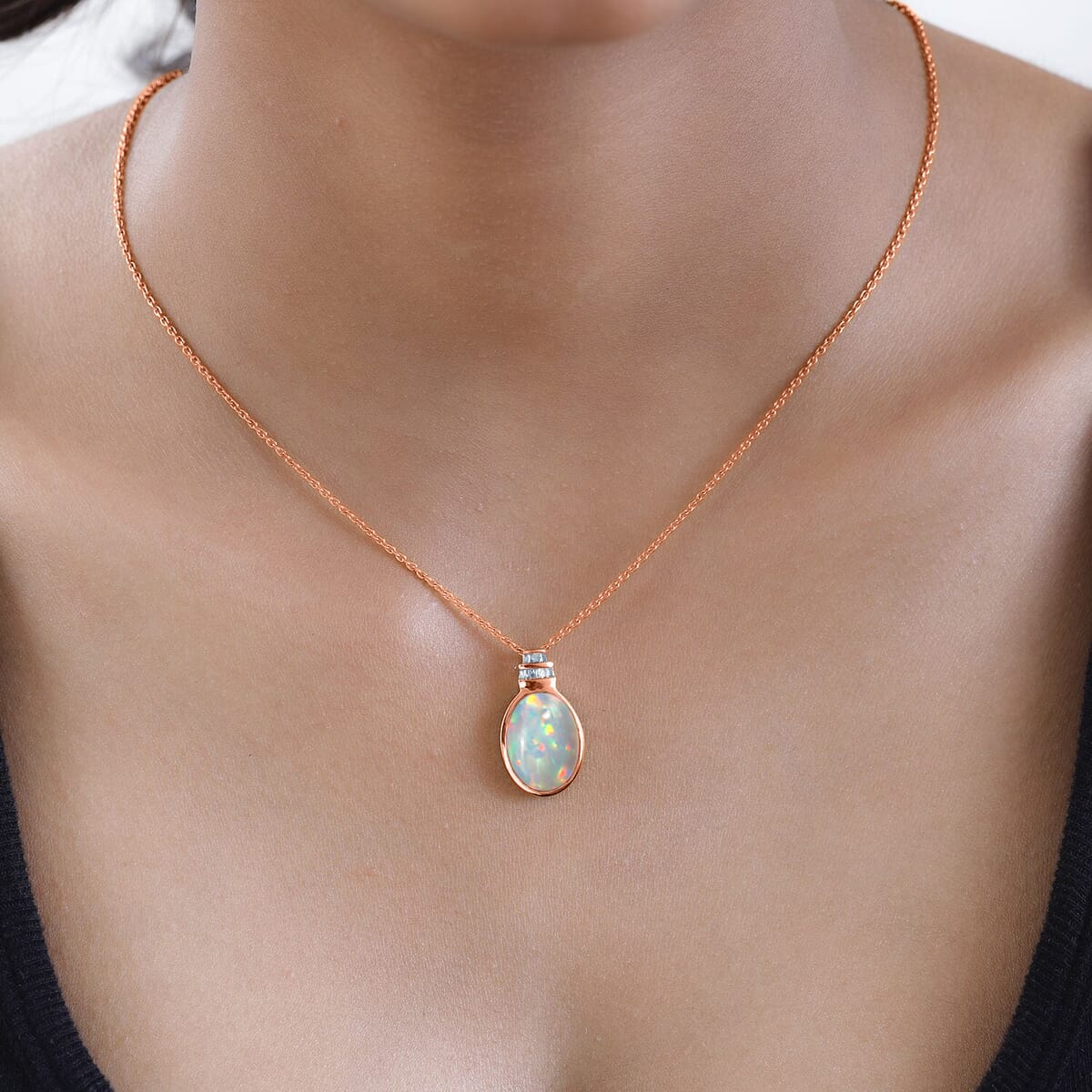 Luxoro Premium Ethiopian Welo Opal and G-H I3 Diamond Pendant Necklace 20 Inches in 10K Rose Gold 5.60 ctw image number 1