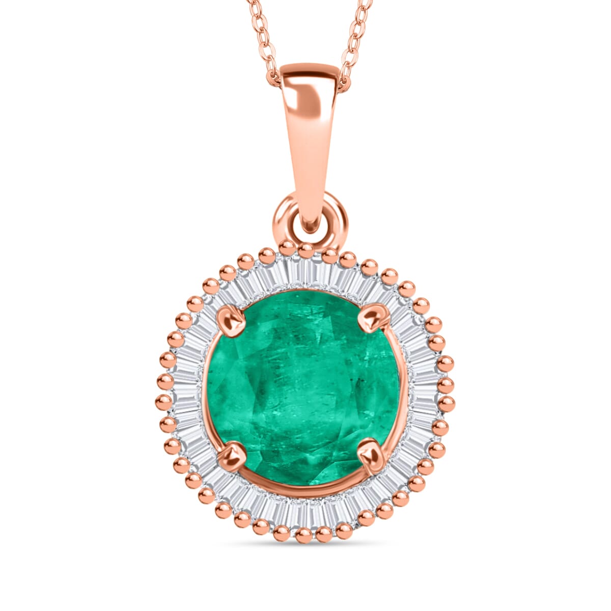 Rhapsody AAAA Kagem Zambian Emerald and E-F VS2 Diamond 1.56 ctw Pendant Necklace 20 Inches in 18K Rose Gold image number 0