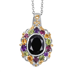 Karis Thai Black Spinel and Multi Gemstone 6.90 ctw Celestial Garden Pendant in 18K YG Plated and Platinum Bond with Stainless Steel Necklace 20 Inches