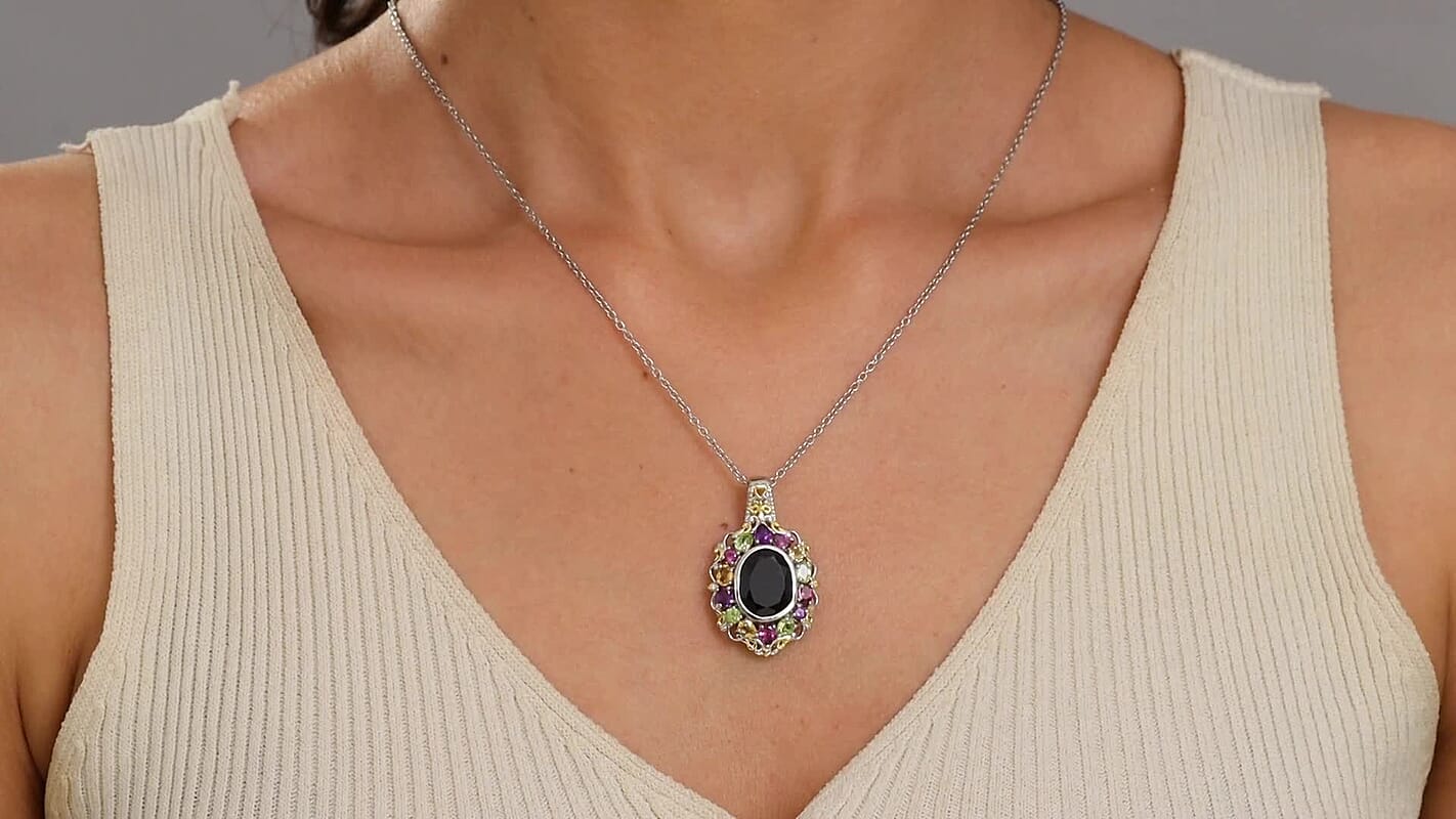Karis Thai Black Spinel and Multi Gemstone 6.90 ctw Celestial Garden Pendant in 18K YG Plated and Platinum Bond with Stainless Steel Necklace 20 Inches
