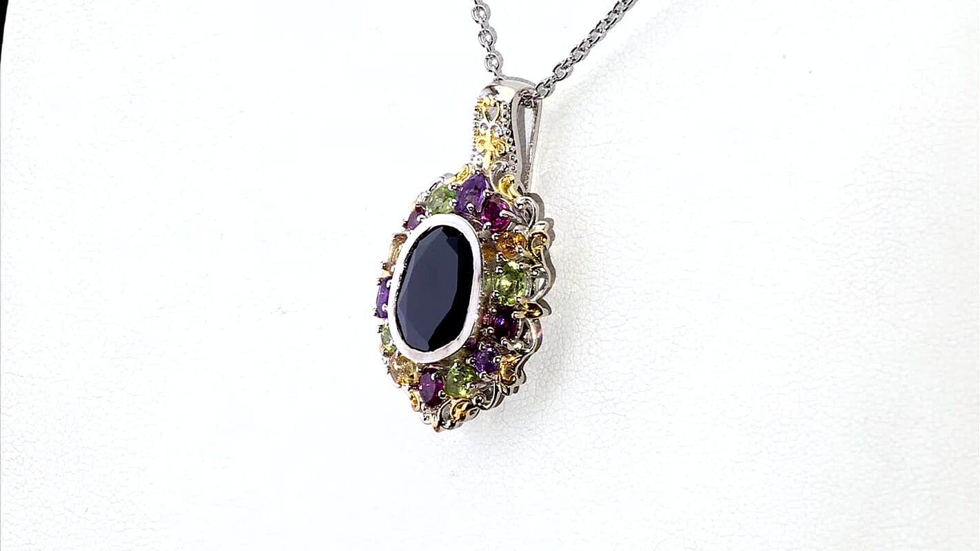 Karis Thai Black Spinel and Multi Gemstone 6.90 ctw Celestial Garden Pendant in 18K YG Plated and Platinum Bond with Stainless Steel Necklace 20 Inches