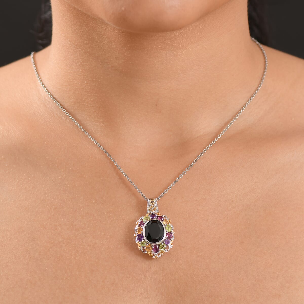 Karis Thai Black Spinel and Multi Gemstone 6.90 ctw Celestial Garden Pendant in 18K YG Plated and Platinum Bond with Stainless Steel Necklace 20 Inches image number 2
