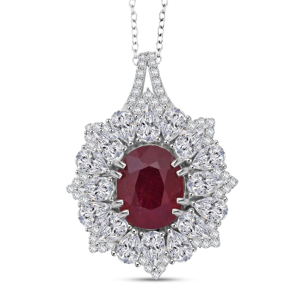 D'Joy Niassa Ruby (FF) and Moissanite 8.65 ctw Floral Pendant Necklace in Rhodium Over Sterling Silver 20 Inches image number 0