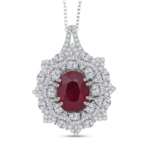D'Joy Niassa Ruby (FF) and Moissanite 8.65 ctw Floral Pendant Necklace in Rhodium Over Sterling Silver 20 Inches