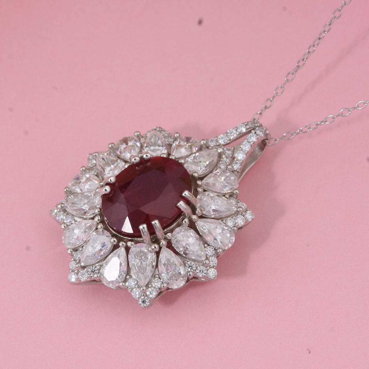 D'Joy Niassa Ruby (FF) and Moissanite 8.65 ctw Floral Pendant Necklace in Rhodium Over Sterling Silver 20 Inches image number 1