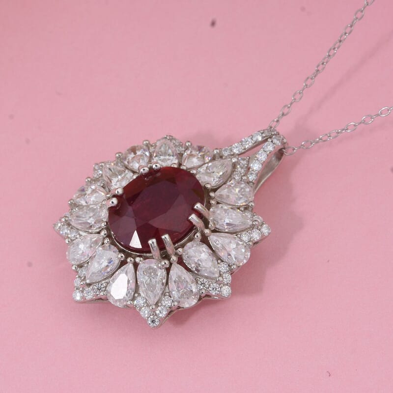 D'Joy Niassa Ruby (FF) and Moissanite 8.65 ctw Floral Pendant Necklace in Rhodium Over Sterling Silver 20 Inches
