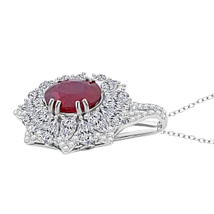 D'Joy Niassa Ruby (FF) and Moissanite 8.65 ctw Floral Pendant Necklace in Rhodium Over Sterling Silver 20 Inches