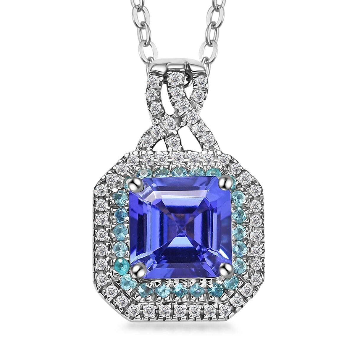 Rhapsody AAAA Tanzanite, Paraiba Tourmaline and E-F VS Diamond 3.20 ctw Midnight Deco Pendant Necklace in 950 Platinum 20 Inches image number 0