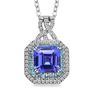 Rhapsody AAAA Tanzanite, Paraiba Tourmaline and E-F VS Diamond 3.20 ctw Midnight Deco Pendant Necklace in 950 Platinum 20 Inches