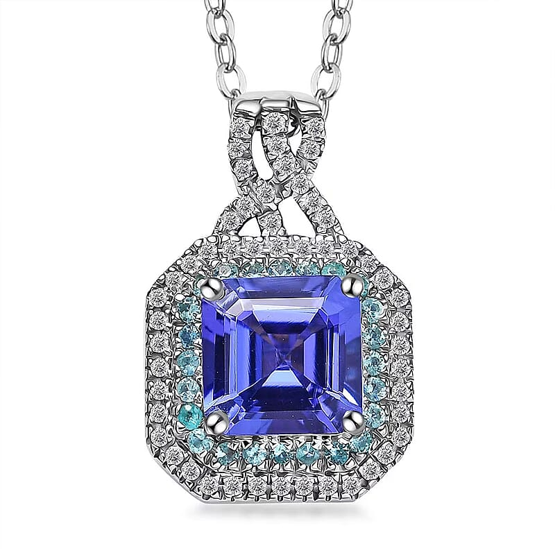 Rhapsody AAAA Tanzanite, Paraiba Tourmaline and E-F VS Diamond 3.20 ctw Midnight Deco Pendant Necklace in 950 Platinum 20 Inches