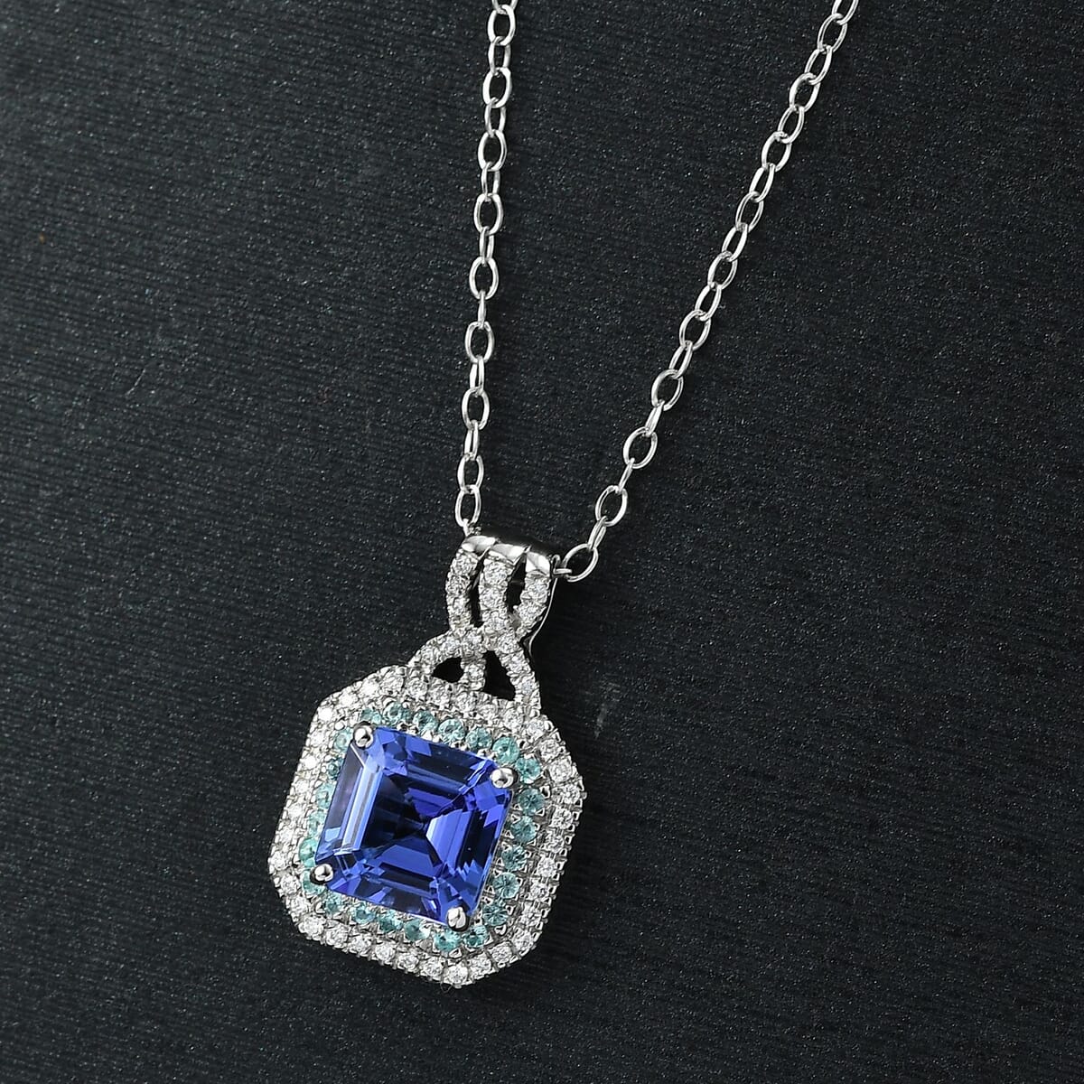 Rhapsody AAAA Tanzanite, Paraiba Tourmaline and E-F VS Diamond 3.20 ctw Midnight Deco Pendant Necklace in 950 Platinum 20 Inches image number 1