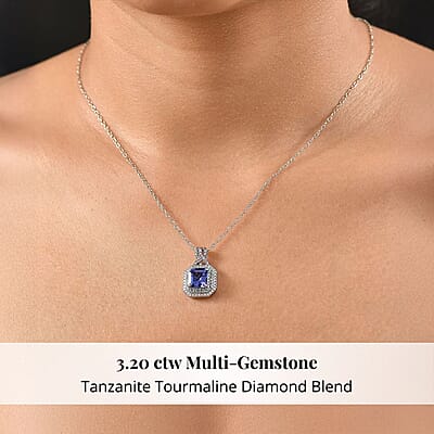 Rhapsody AAAA Tanzanite, Paraiba Tourmaline and E-F VS Diamond 3.20 ctw Midnight Deco Pendant Necklace in 950 Platinum 20 Inches