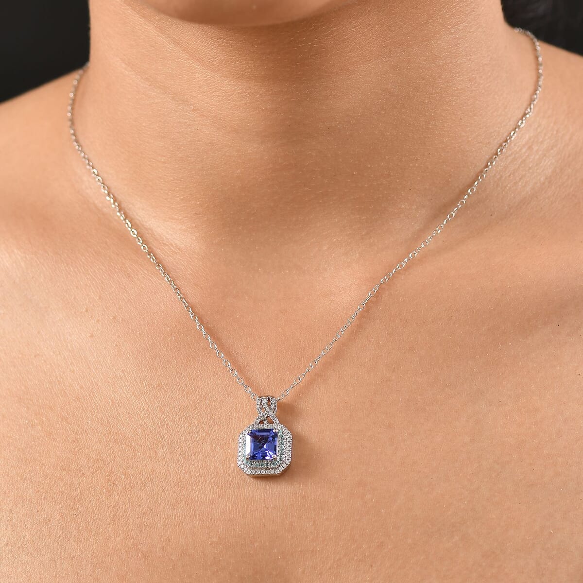 Rhapsody AAAA Tanzanite, Paraiba Tourmaline and E-F VS Diamond 3.20 ctw Midnight Deco Pendant Necklace in 950 Platinum 20 Inches image number 2