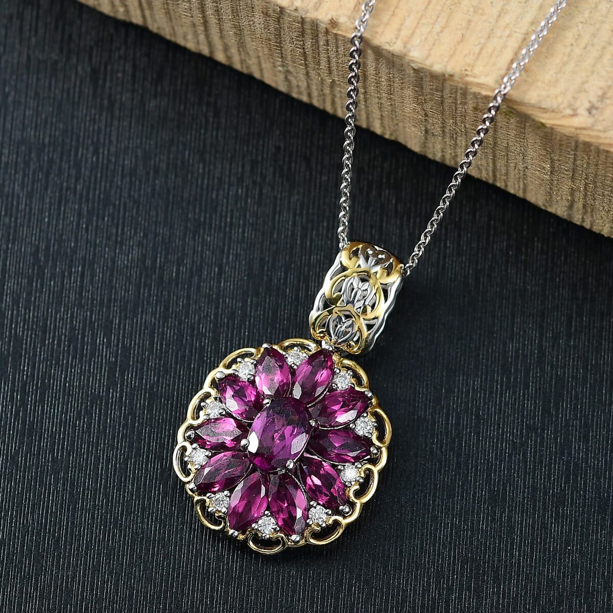 AAA Radiant Ember Garnet and Moissanite 4.80 ctw Pendant Necklace in 18K Vermeil YG and Rhodium Over Sterling Silver 20 Inches image number 1