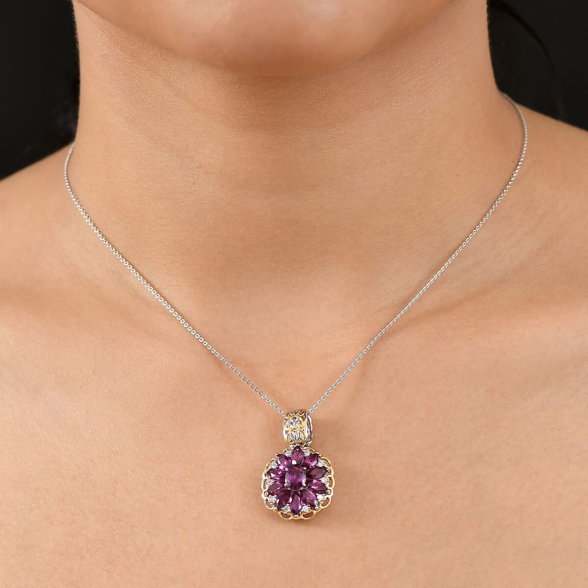 AAA Radiant Ember Garnet and Moissanite 4.80 ctw Pendant Necklace in 18K Vermeil YG and Rhodium Over Sterling Silver 20 Inches image number 2