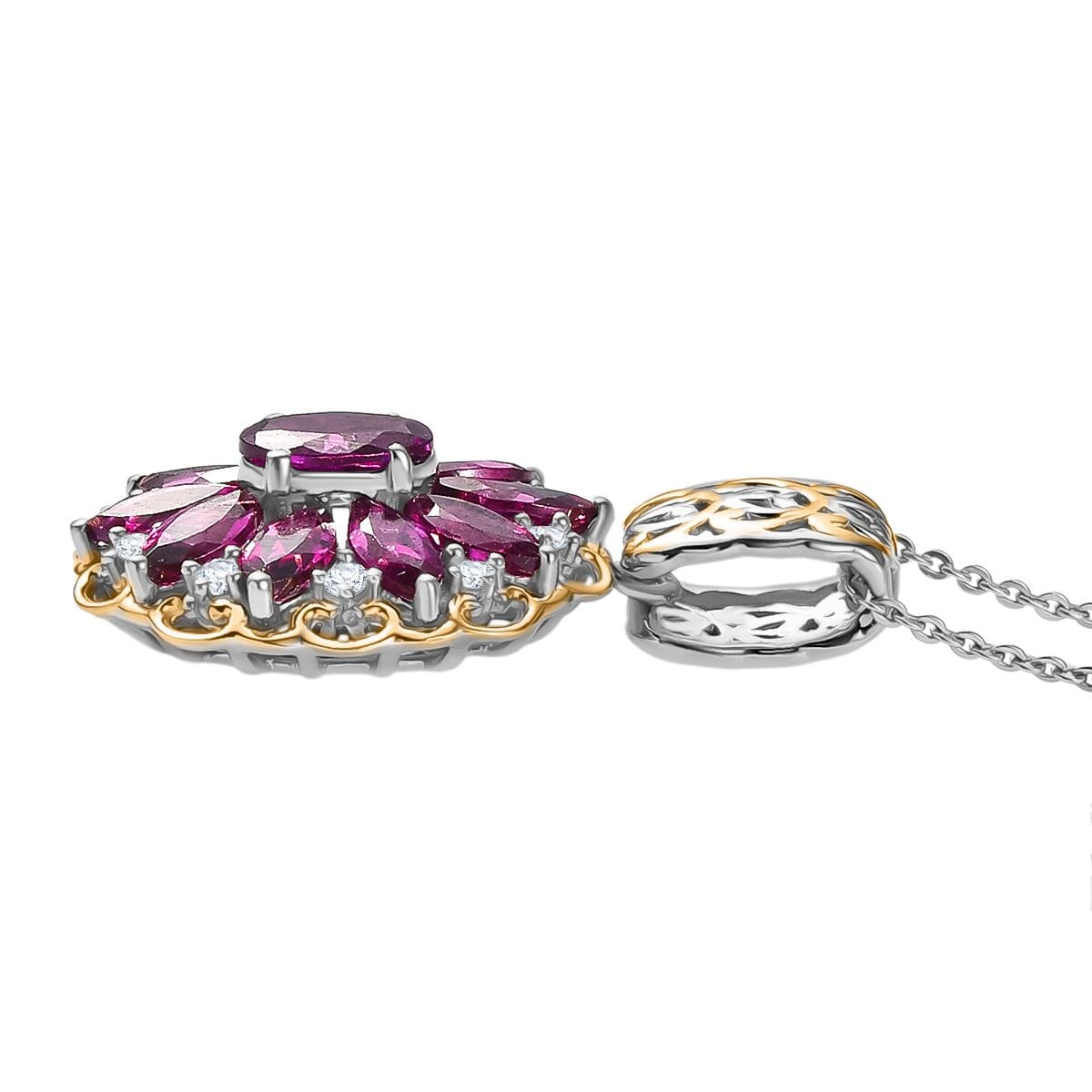 AAA Radiant Ember Garnet and Moissanite 4.80 ctw Pendant Necklace in 18K Vermeil YG and Rhodium Over Sterling Silver 20 Inches image number 3