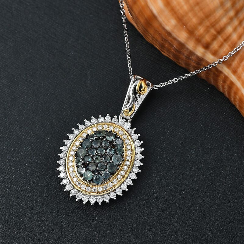 D'Joy Narsipatnam Alexandrite and Moissanite 1.65 ctw Water Bubbles Pendant Necklace in 18K Vermeil YG and Rhodium Over Sterling Silver 20 Inches