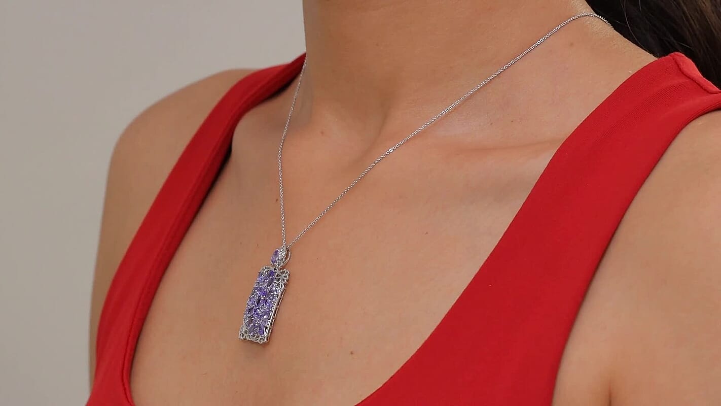 D'Joy Tanzanite 4.10 ctw Art Deco Pendant Necklace 20 Inches in Rhodium Over Sterling Silver