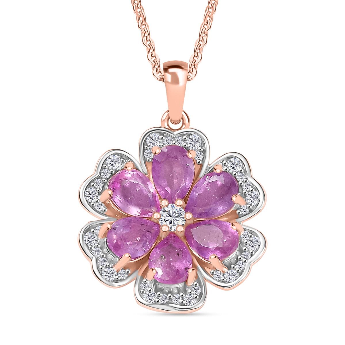 D'Joy Ilakaka Hot Pink Sapphire (FF) and White Zircon 4.00 ctw Floret Glow Pendant Necklace in 18K Vermeil Rose Gold Over Sterling Silver 20 Inches image number 0