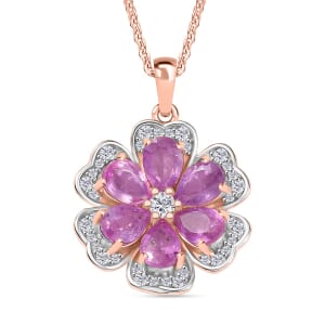 D'Joy Ilakaka Hot Pink Sapphire (FF) and White Zircon 4.00 ctw Floret Glow Pendant Necklace in 18K Vermeil Rose Gold Over Sterling Silver 20 Inches