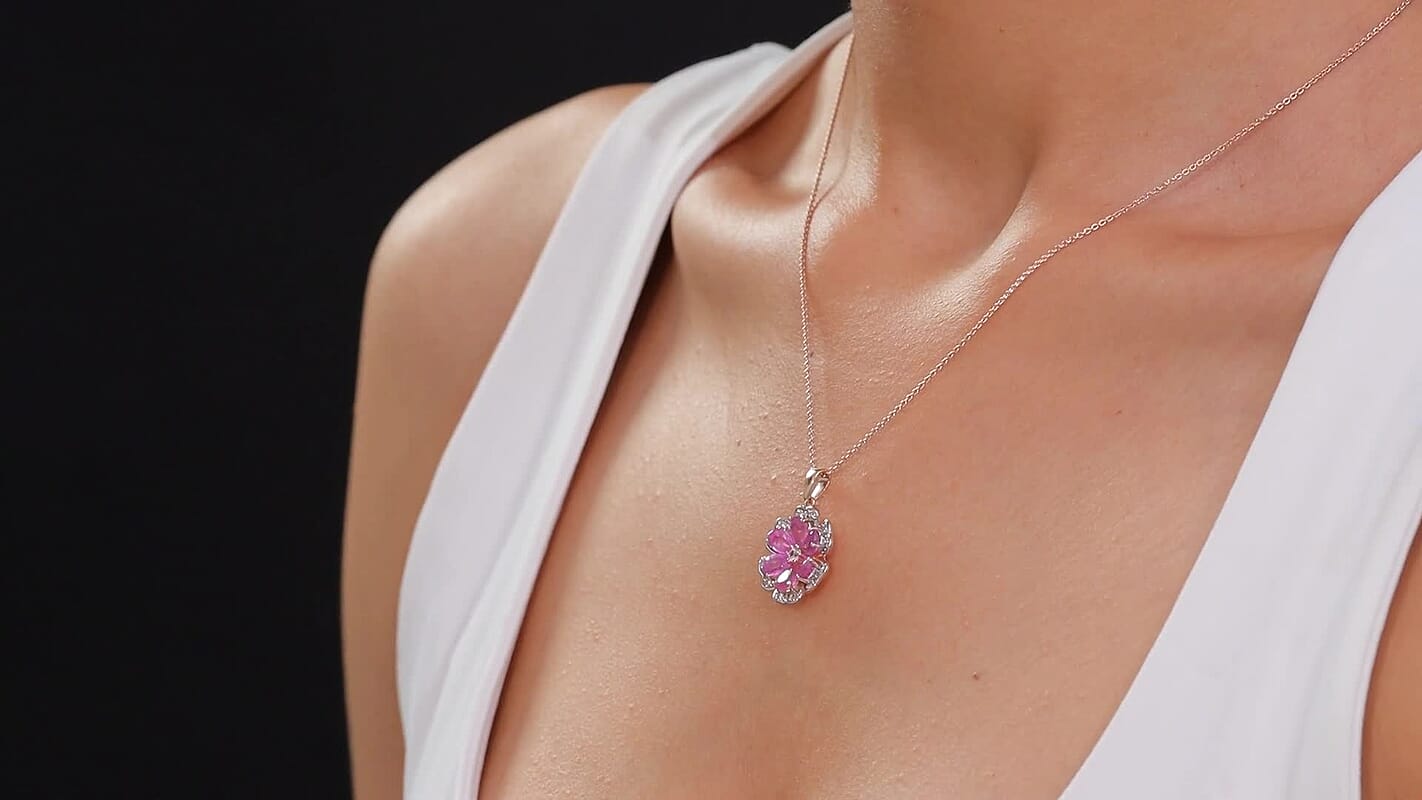 D'Joy Ilakaka Hot Pink Sapphire (FF) and White Zircon 4.00 ctw Floret Glow Pendant Necklace in 18K Vermeil Rose Gold Over Sterling Silver 20 Inches