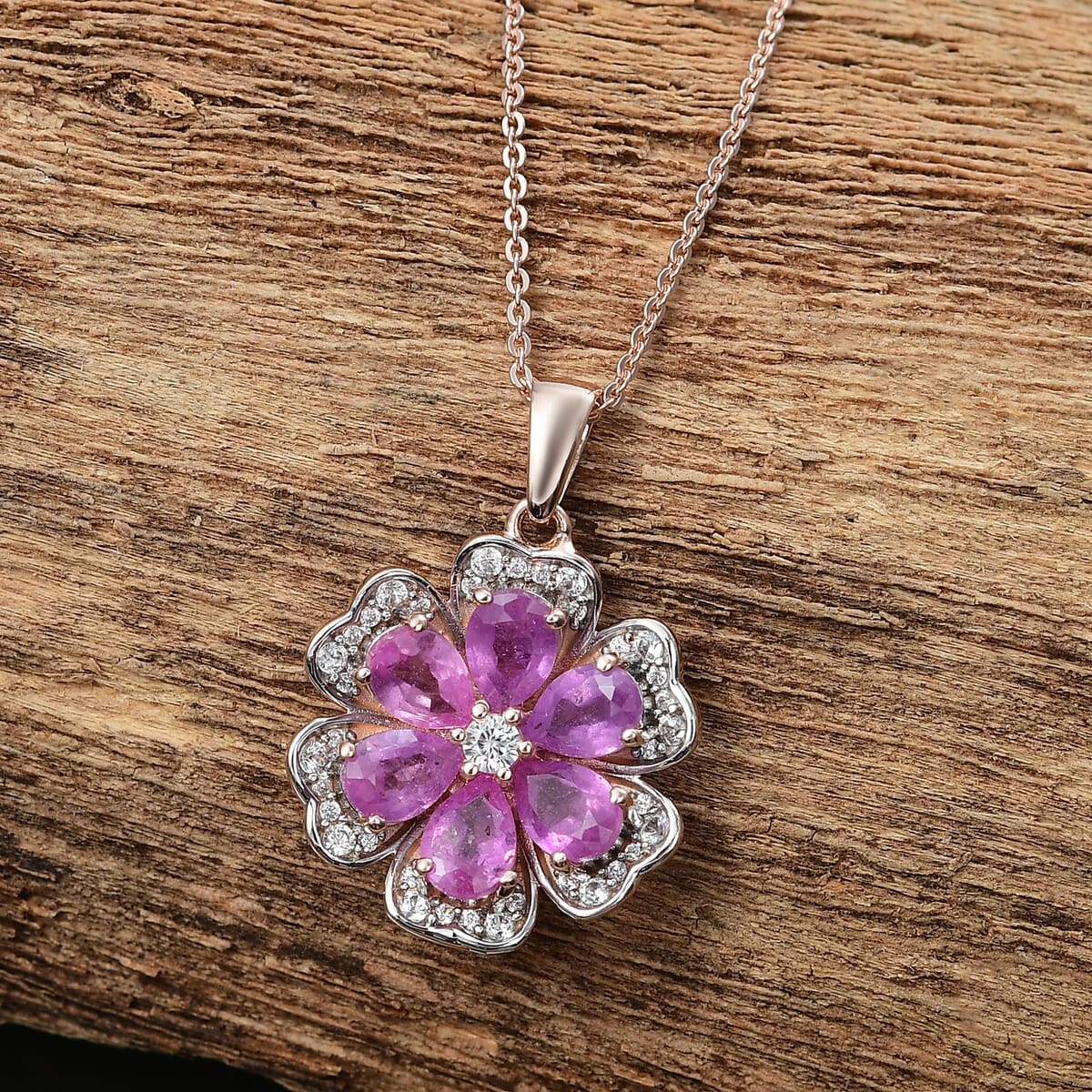 D'Joy Ilakaka Hot Pink Sapphire (FF) and White Zircon 4.00 ctw Floret Glow Pendant Necklace in 18K Vermeil Rose Gold Over Sterling Silver 20 Inches image number 1